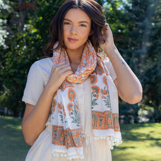 Block Printed Cotton Scarf - White with Yellow Flowers