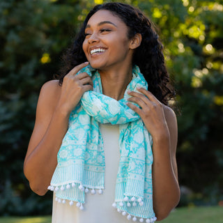 Block Printed Cotton Scarf - Aqua with White Paisley Flowers