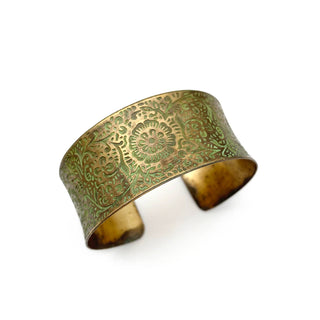 Brass Patina Bracelet - Chartreuse Floral Scrollwork