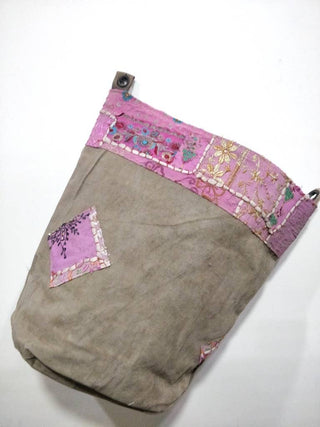 Recycled Military Tent Bucket Bag w/Vintage Fabric