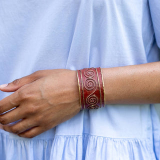 Brass Patina Cuff Bracelet - Red Swirls