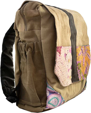 Recycled Military Tent Backpack with Vintage Fabric Trim