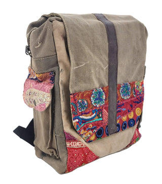 Recycled Military Tent Backpack with Vintage Fabric Trim