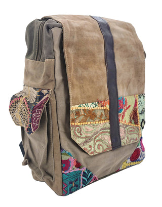 Recycled Military Tent Backpack with Vintage Fabric Trim