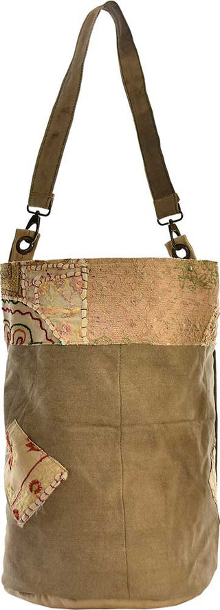 Recycled Military Tent Bucket Bag w/Vintage Fabric