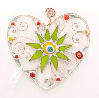6" / Stained Glass & Agate & Copper Heart Suncatcher