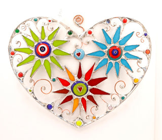 10" / Stained Glass & Agate & Copper Heart Suncatcher
