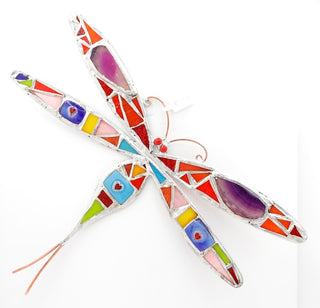 12" / Stained Glass & Agate & Copper Dragonfly Suncatcher