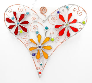 8" / Stained Glass & Agate & Copper Heart Suncatcher