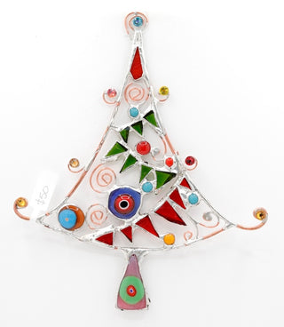 7" / Stained Glass & Agate & Copper Christmas Tree Suncatcher