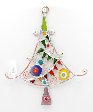 7" / Stained Glass & Agate & Copper Christmas Tree Suncatcher