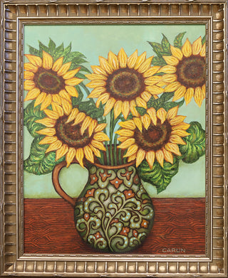 Sunflowers light Teal blue background by Sue Carlin