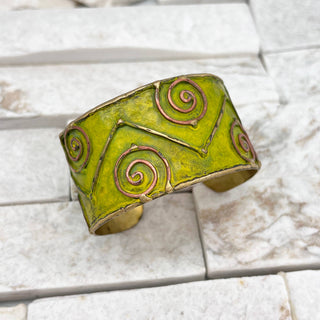 Brass Patina Cuff Bracelet - Lime Green Swirls