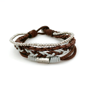 Aadi Bracelet - Brown Leather and Light Blue Cord Braided