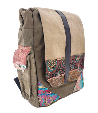 Recycled Military Tent Backpack with Vintage Fabric Trim