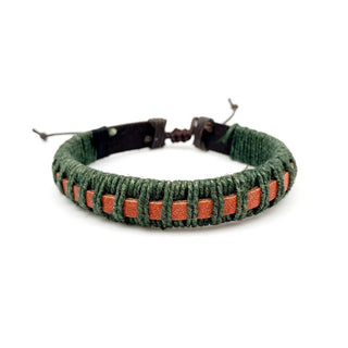 Aadi Tan Leather Green Cord Wrapped Pull Tie Bracelet