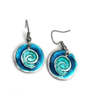 Pewter Earrings with Color Enamel Round with Blue and Teal